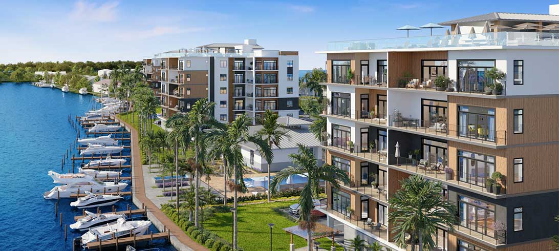 exterior of the Triton 81 Residences and docks